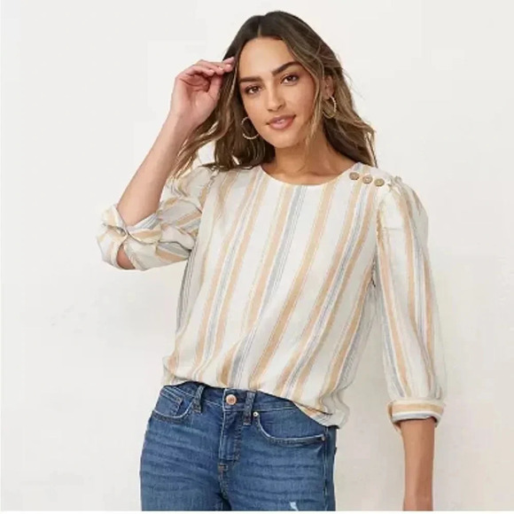 LC Lauren Conrad Puff-Sleeve Top Yellow Blue‎ Stripe Linen Lyocell size Large - Picture 1 of 8